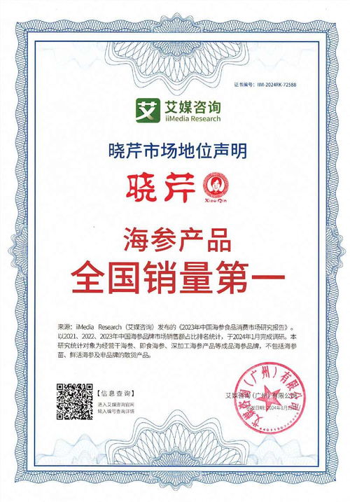 曉芹榮獲艾媒咨詢四項市場地位聲明認證，彰顯海參產品全國銷量領先實力